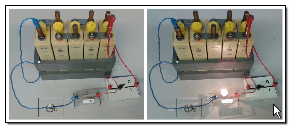 Stromkreis aus Batterie, Lampe und Schalter. Unter dem Kabel zwischen Lampe und Minuspol liegt ein Kompass. Ist der Strom ausgeschaltetet zeigt dieser nach rechts (Norden). Mit Eingeschaltetem Strom zeigt der Kompass im Bild nach unten (Osten). 
