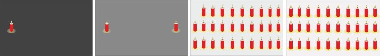 relativer Unterschied 4 Bilder: 1 Kerze, 2 Kerzen, 29 Kerzen und 30 Kerzen