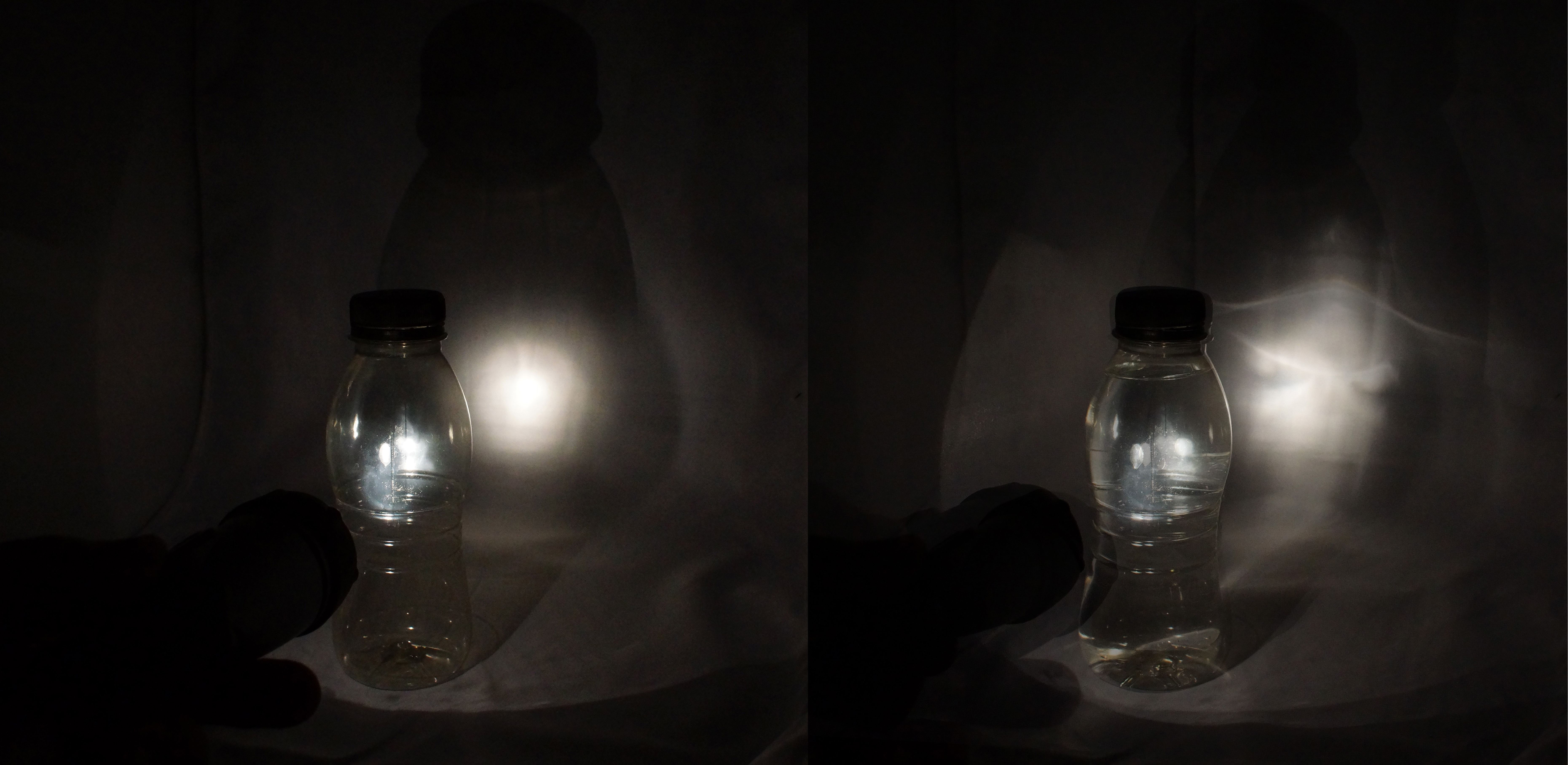 Vergleich Lichtfleck mit und ohne Wasser in der Flasche